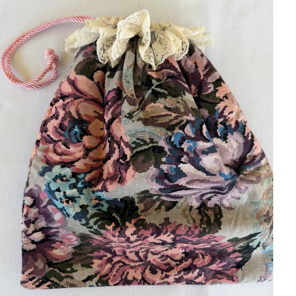 Floral Lace Ruffle Drawstring Pouch 2 Compartments Cottagecore Coquette Romantic